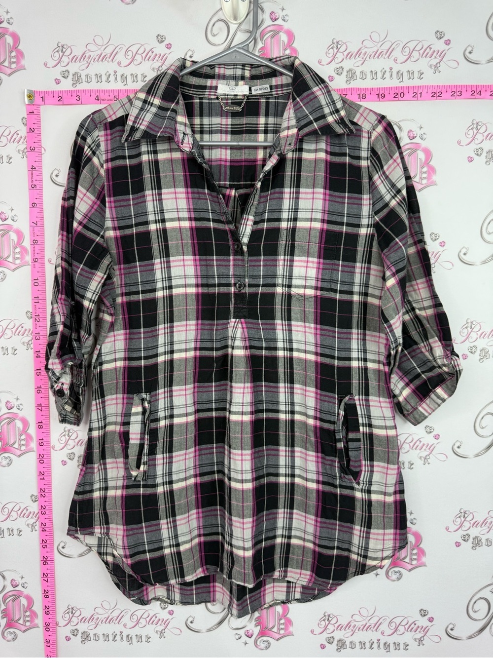 Ali and Kris Plaid Roll-Sleeve Tunic Top - Black, White & Pink